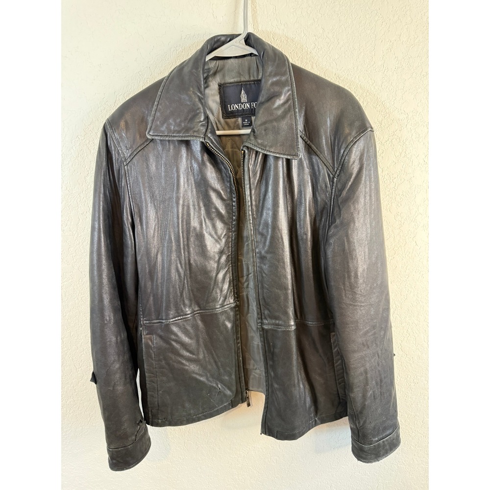 Distressed London Fog Men‎ Leather Jacket Charcoal Gray Quilted Lining M